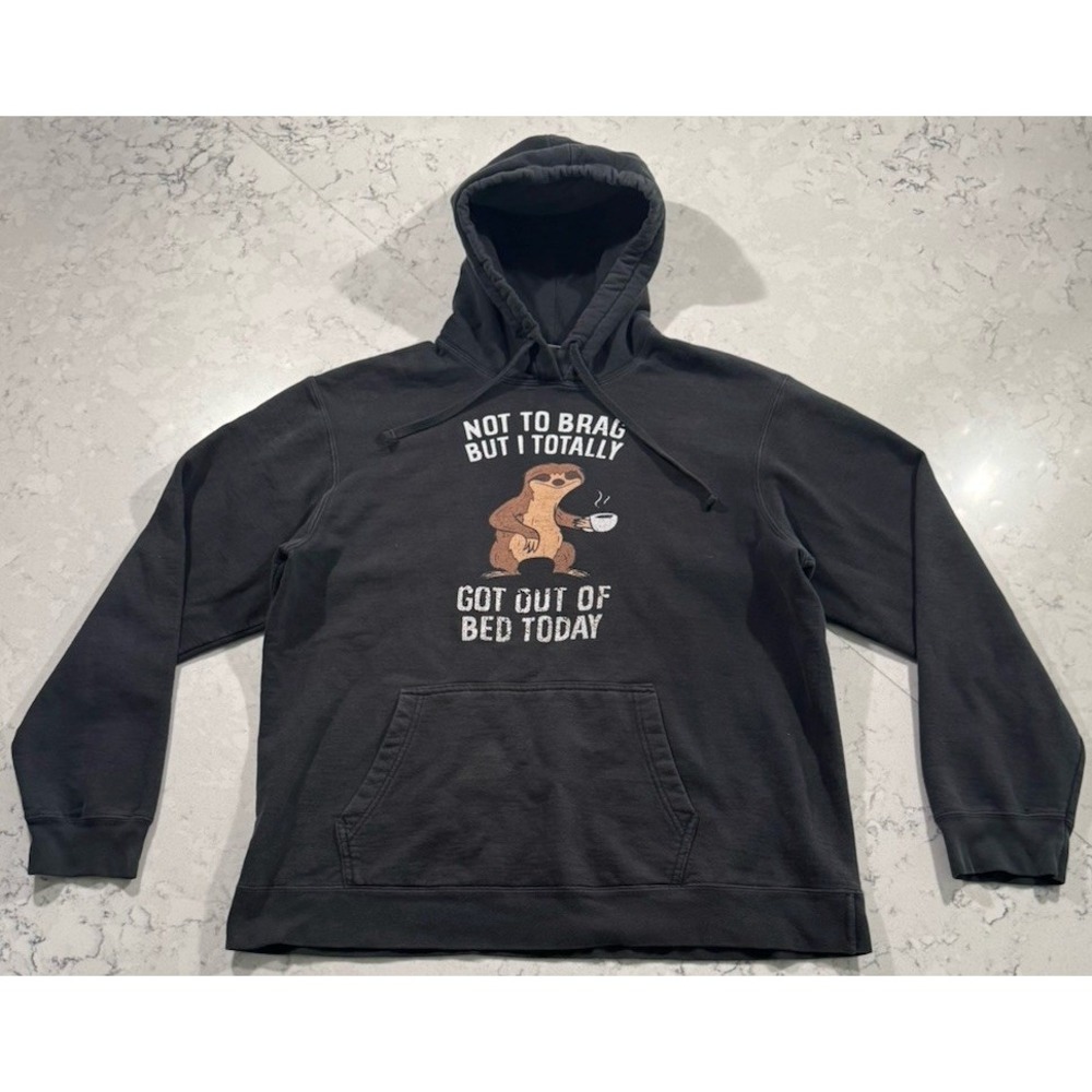 Port & Company Sloth Got Out Of Bed Today Hoodie Mens Large Black Graphic Sweat